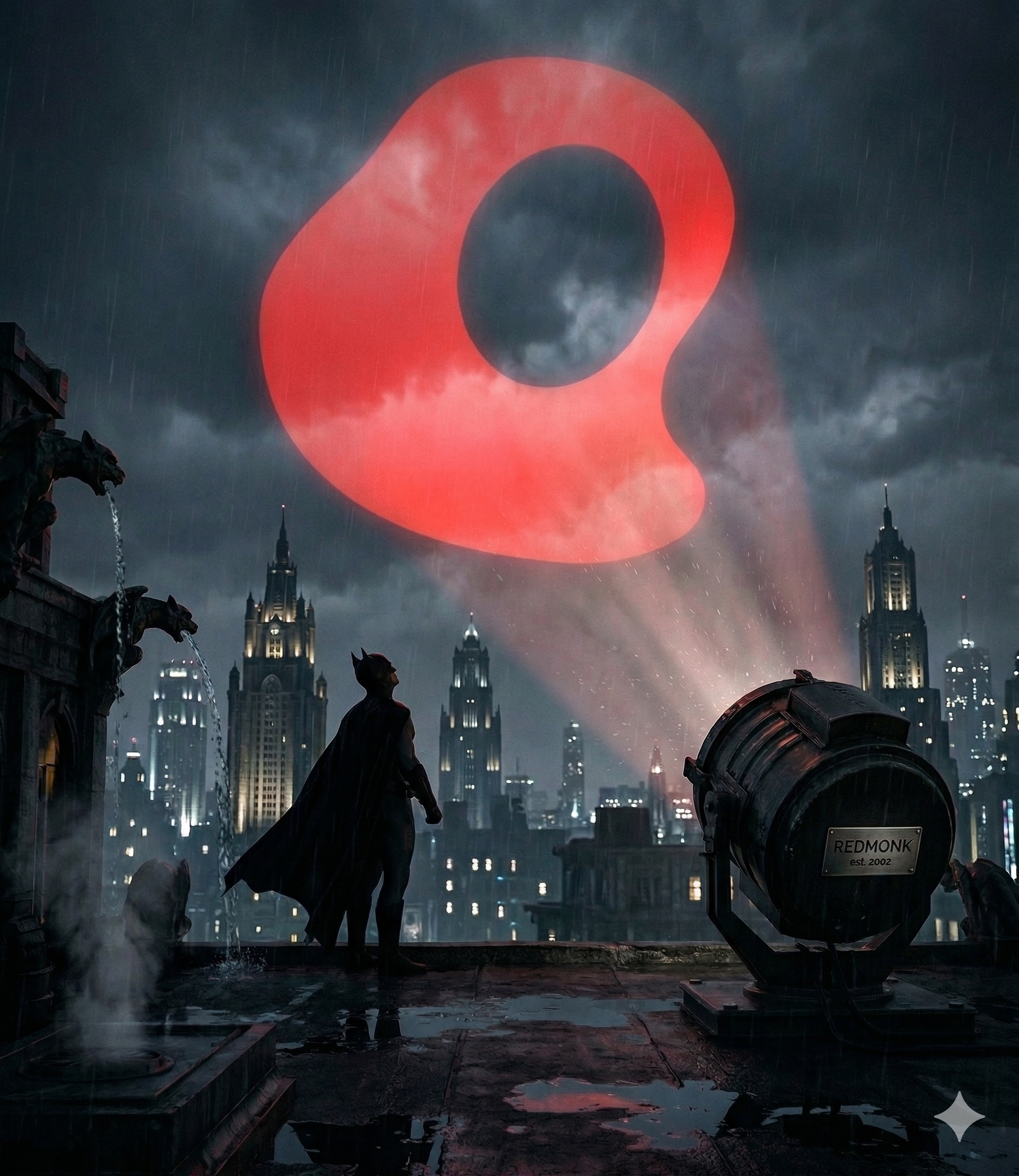 The MonkSignal — a RedMonk beacon projected over a city skyline